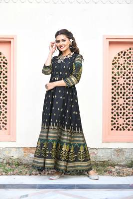 KAAJH Black Green Gold Printed Cotton Anarkali Kurta 5