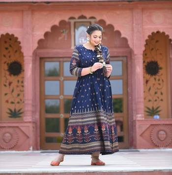 KAAJH Blue Gold Printed Rayon Anarkali Kurta 1