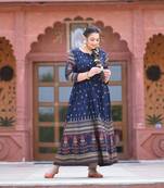 KAAJH Blue Gold Printed Rayon Anarkali Kurta