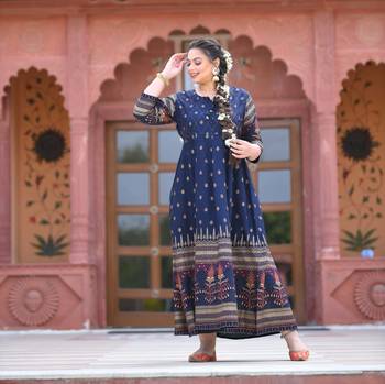 KAAJH Blue Gold Printed Rayon Anarkali Kurta 2