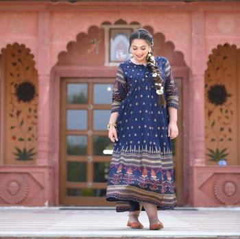 KAAJH Blue Gold Printed Rayon Anarkali Kurta 3