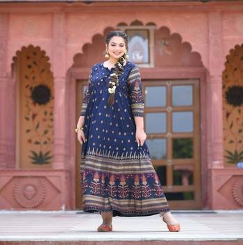 KAAJH Blue Gold Printed Rayon Anarkali Kurta 4