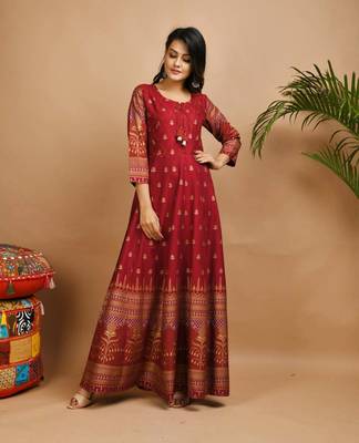 KAAJH Red Gold Printed Rayon Anarkali Kurta 1