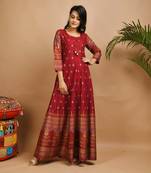 KAAJH Red Gold Printed Rayon Anarkali Kurta