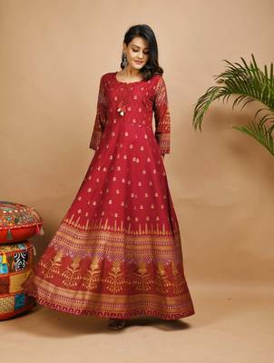 KAAJH Red Gold Printed Rayon Anarkali Kurta 4