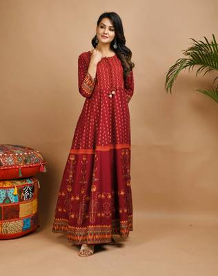 KAAJH Red Gold Printed Rayon Anarkali Kurta 1