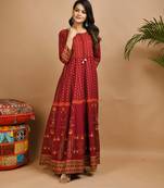 KAAJH Red Gold Printed Rayon Anarkali Kurta