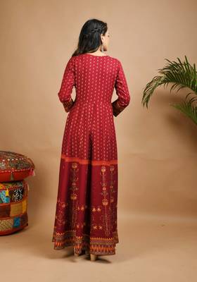 KAAJH Red Gold Printed Rayon Anarkali Kurta 2