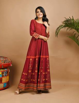 KAAJH Red Gold Printed Rayon Anarkali Kurta 3