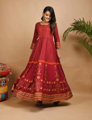 KAAJH Red Gold Printed Rayon Anarkali Kurta 4