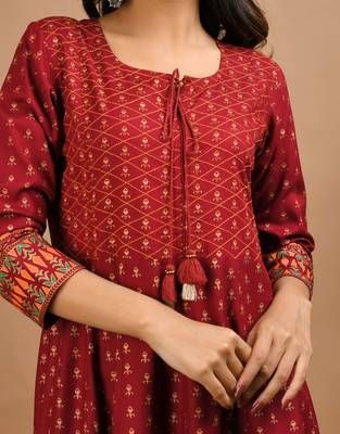 KAAJH Red Gold Printed Rayon Anarkali Kurta 5