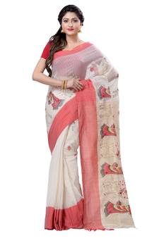 Red hand woven cotton saree with blouse