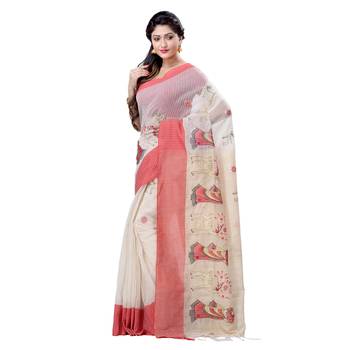 Red hand woven cotton saree with blouse 3