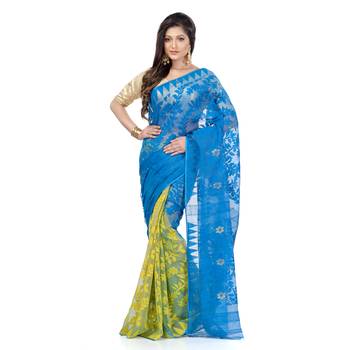 Blue Hand Woven Cotton Saree Without Blouse 1