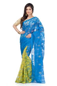 Blue Hand Woven Cotton Saree Without Blouse