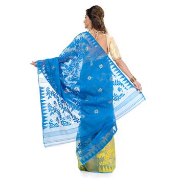 Blue Hand Woven Cotton Saree Without Blouse 2