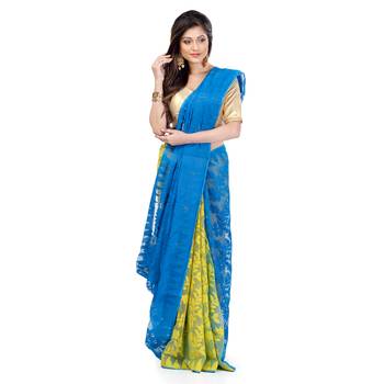 Blue Hand Woven Cotton Saree Without Blouse 3