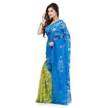 Blue Hand Woven Cotton Saree Without Blouse 4