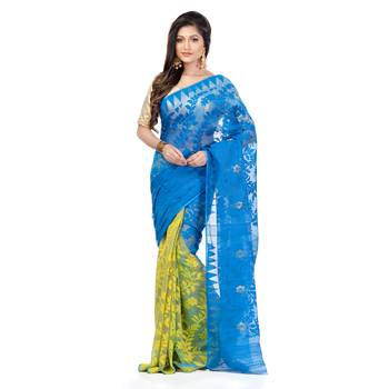 Blue Hand Woven Cotton Saree Without Blouse 5