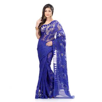 Blue Hand Woven Cotton Saree Without Blouse 1