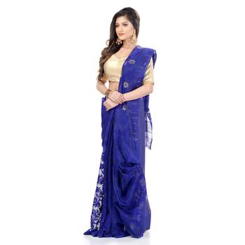 Blue Hand Woven Cotton Saree Without Blouse 3
