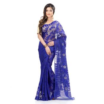 Blue Hand Woven Cotton Saree Without Blouse 4