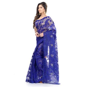 Blue Hand Woven Cotton Saree Without Blouse 5