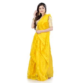 Yellow Hand Woven Cotton Saree Without Blouse 3