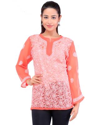 Lavangi Women Lucknowi Chikankari Georgette Short Top (Orange) 1