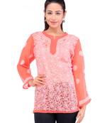 Lavangi Women Lucknowi Chikankari Georgette Short Top (Orange)