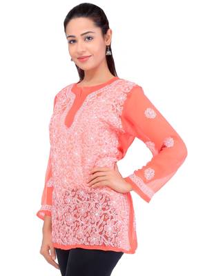 Lavangi Women Lucknowi Chikankari Georgette Short Top (Orange) 2