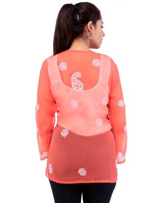 Lavangi Women Lucknowi Chikankari Georgette Short Top (Orange) 3