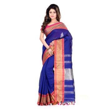 Blue hand woven cotton silk saree with blouse 1