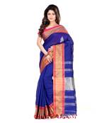 Blue hand woven cotton silk saree with blouse