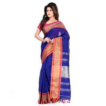 Blue hand woven cotton silk saree with blouse 2
