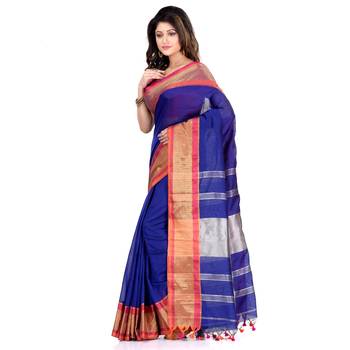Blue hand woven cotton silk saree with blouse 3