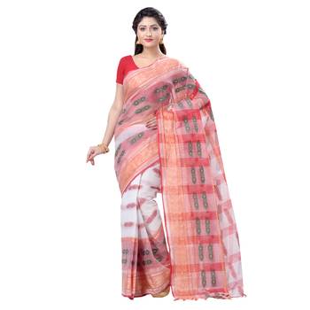 White Woven Cotton Saree Without Blouse 2