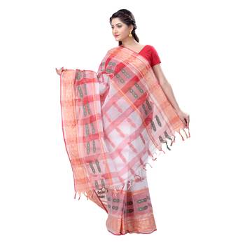 White Woven Cotton Saree Without Blouse 3