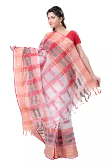 White Woven Cotton Saree Without Blouse