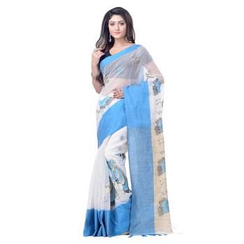 Blue hand woven cotton saree with blouse 1