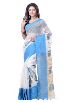 Blue hand woven cotton saree with blouse