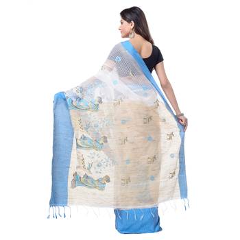 Blue hand woven cotton saree with blouse 2