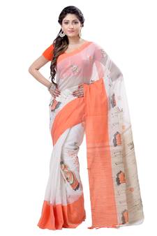 Orange hand woven cotton saree with blouse
