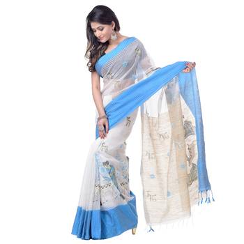 Blue hand woven cotton saree with blouse 3