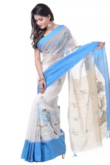 Blue hand woven cotton saree with blouse