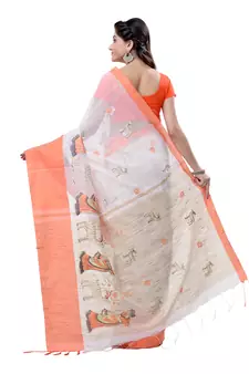 Orange hand woven cotton saree with blouse