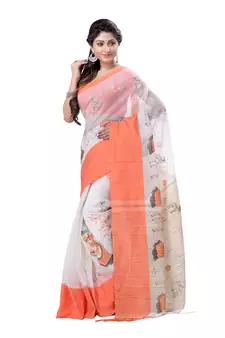 Orange hand woven cotton saree with blouse