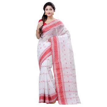 White Woven Cotton Saree Without Blouse 2