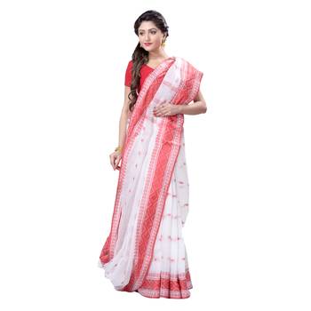 White Woven Cotton Saree Without Blouse 3