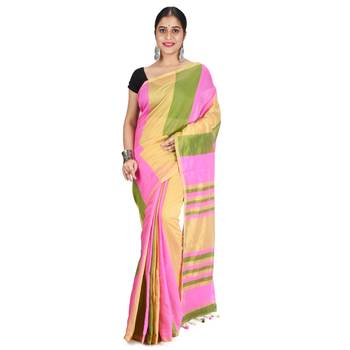 Multicolor plain cotton saree with blouse 1